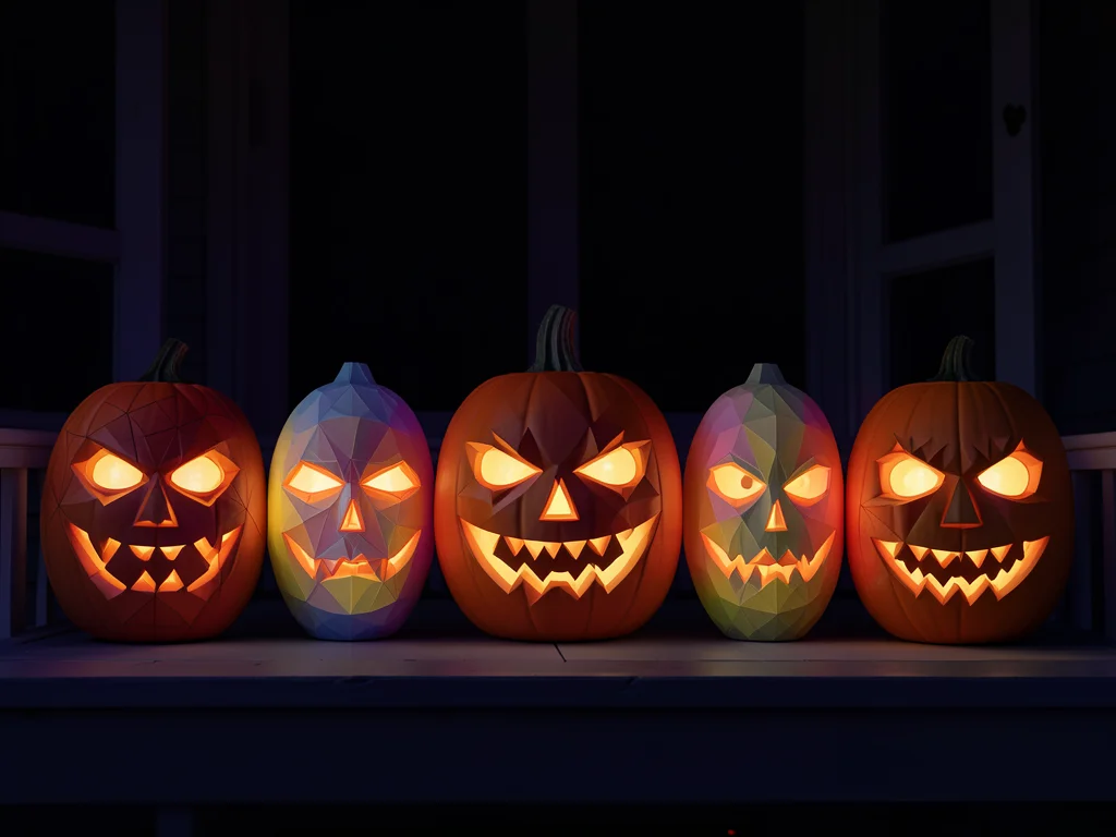 Carved pumpkin lineup on porch railing, each with different face, lit