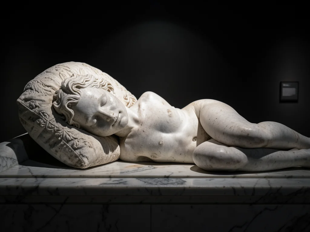 A sleeping figure on a marble couch, the stone pillow appearing to compress unde