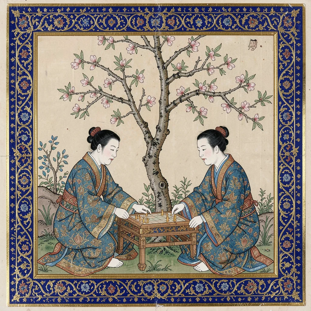 Two figures in profile playing a board game under a flowering almond tree
