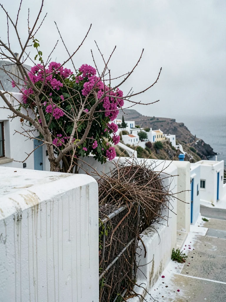Bare Bougainvillea Against White Wall