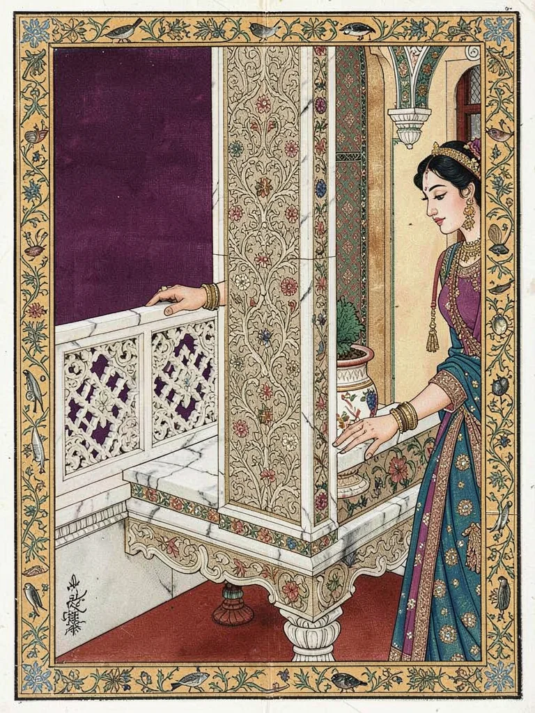 Detailed jarokha balcony — carved marble lattice, a woman's hand resting on the 
