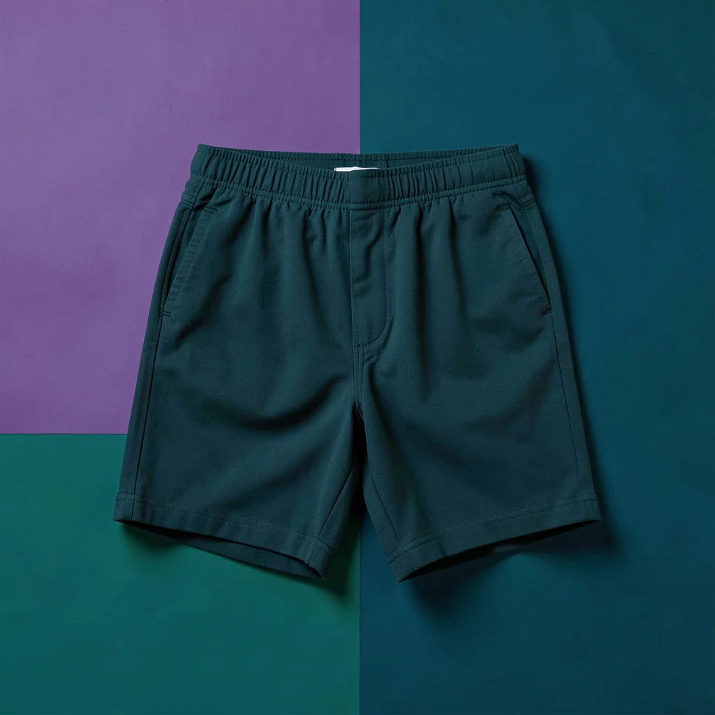 Catalog hero of a folded boardshort on a deep teal block, even directional light