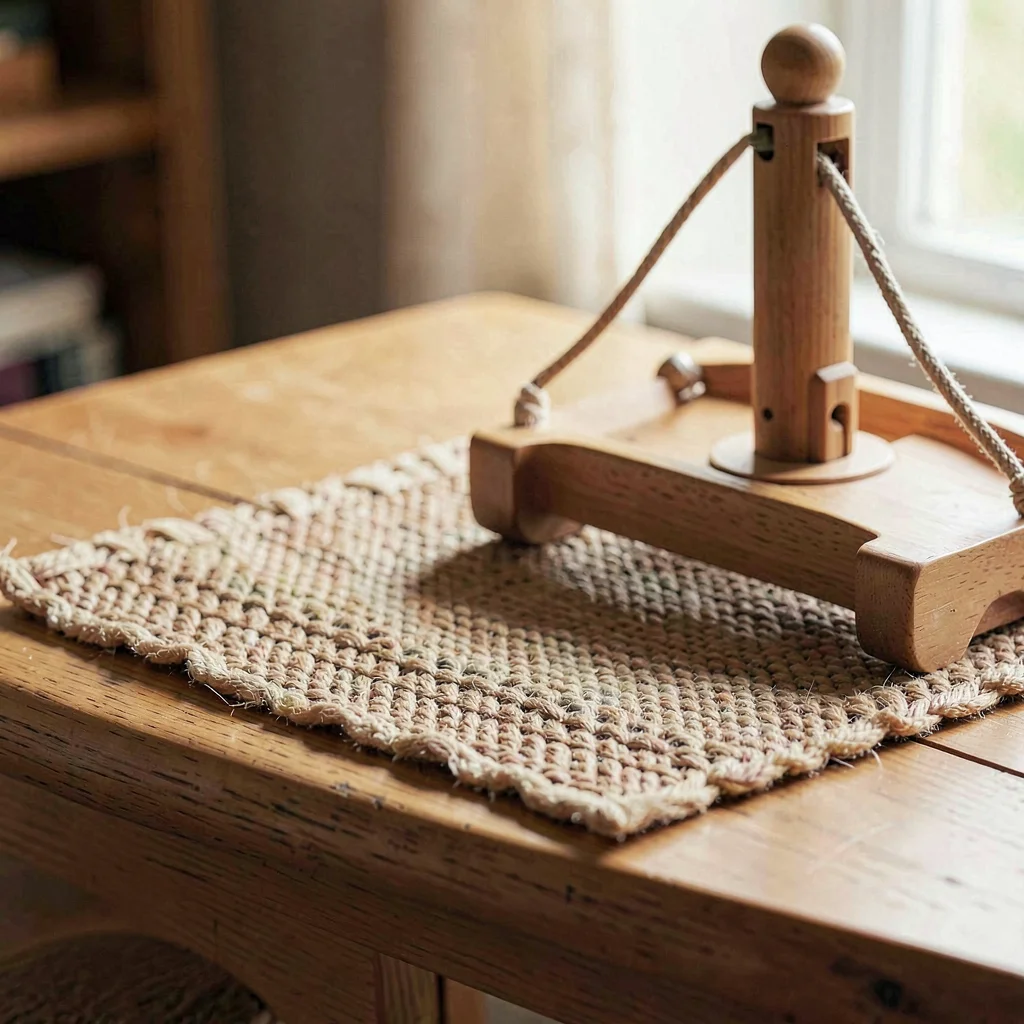 Soft warm tabletop of a small woven runner draped beside a wooden shuttle