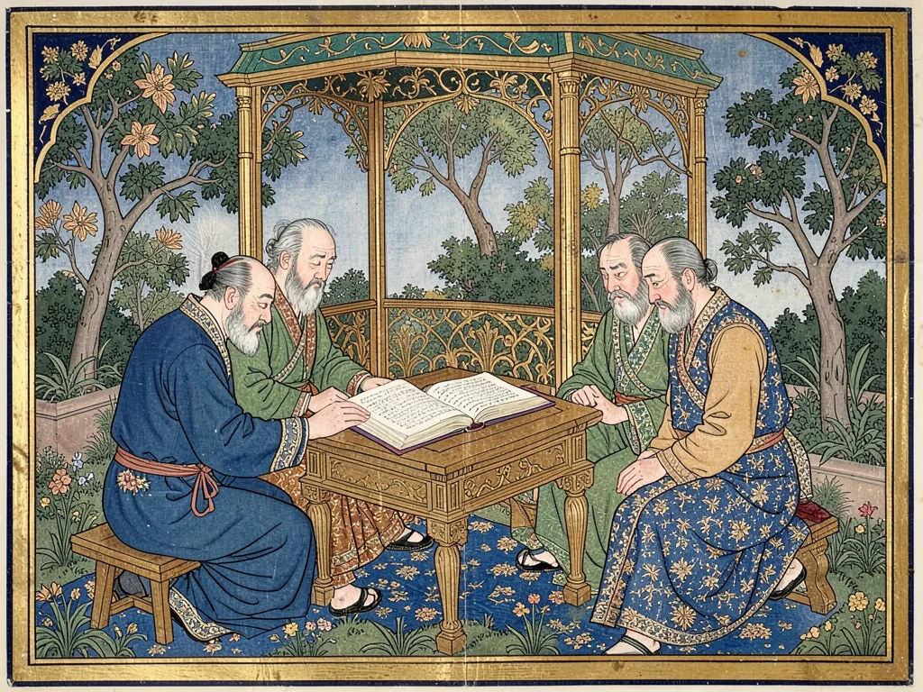 Scholars gathered around an open manuscript in a garden kiosk