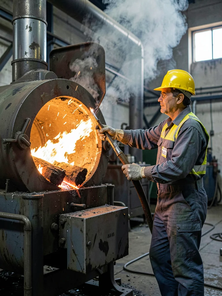 Factory worker against furnace