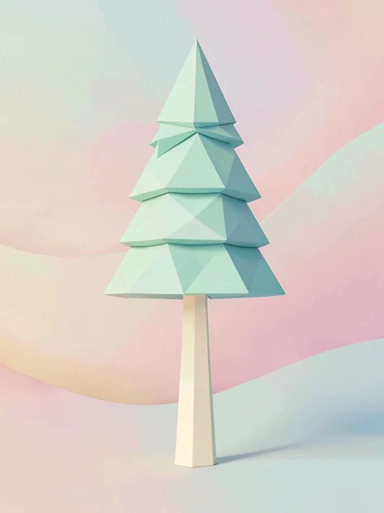 Tall peach lowpoly pine tree with a triangulated mint canopy and a cream trunk, 