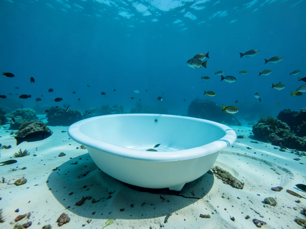 Bathtub in the ocean — a bathtub sitting on sandy ocean floor, fish swimming pas