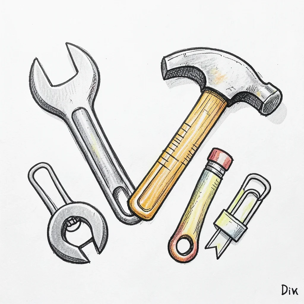 A doodle toolbox: wrench made of pencils, hammer made of a ruler, nails are pape