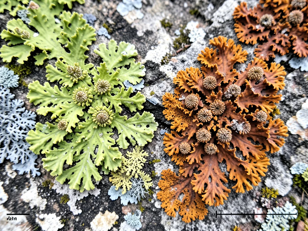 Two lichen species meeting, sharp boundary line where different thalli compete f