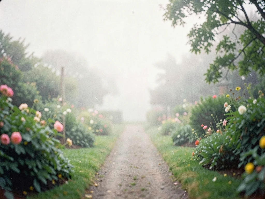 Foggy garden path soft throughout