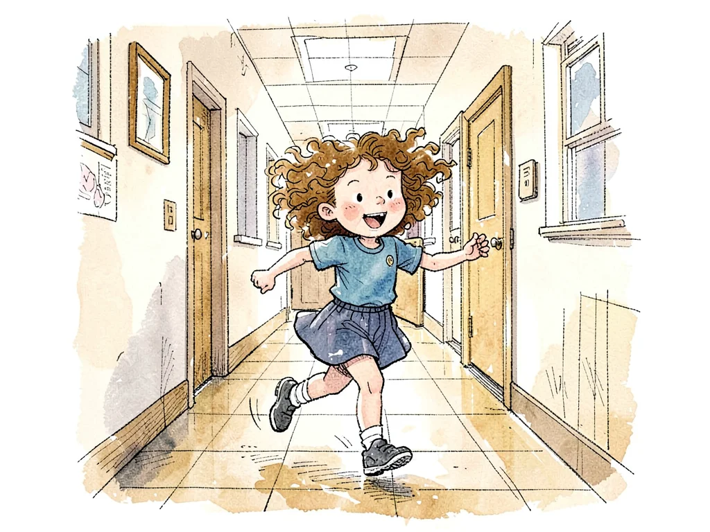 Wild-haired girl running in school