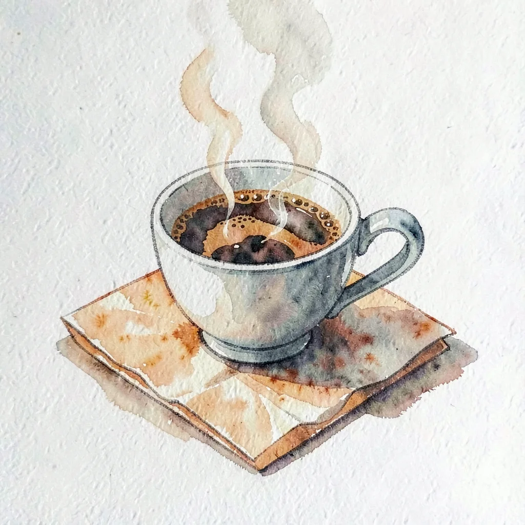 Gouache illustration of a steaming cup of coffee on a folded napkin, ochre and c