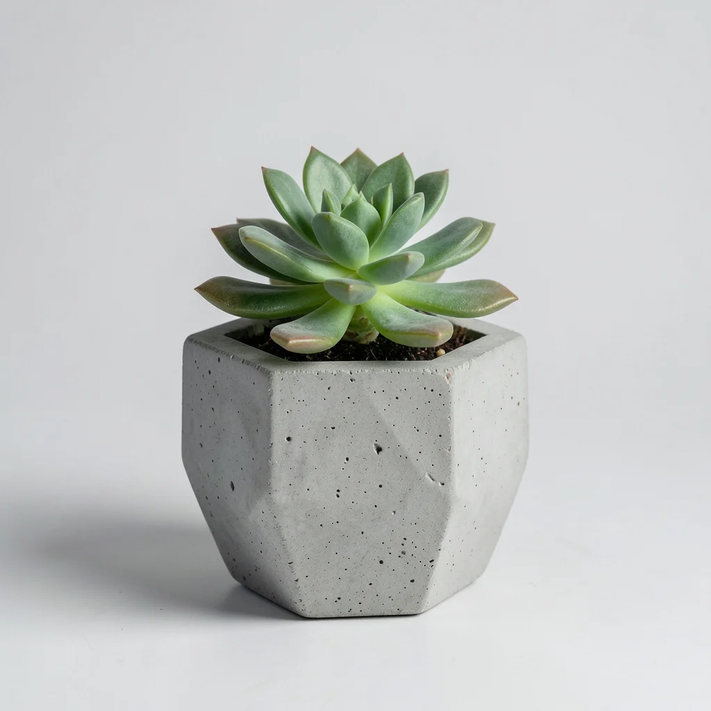 A potted succulent in a concrete planter, geometric shape, against pale grey, pe
