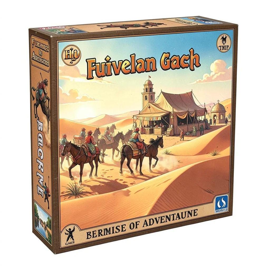 Board game box illustration, a nomadic caravan crossing desert dunes, silk road 