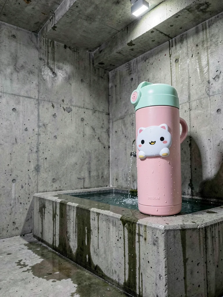 Sanrio thermos on brutalist fountain edge, water-stained concrete, kawaii hydrat