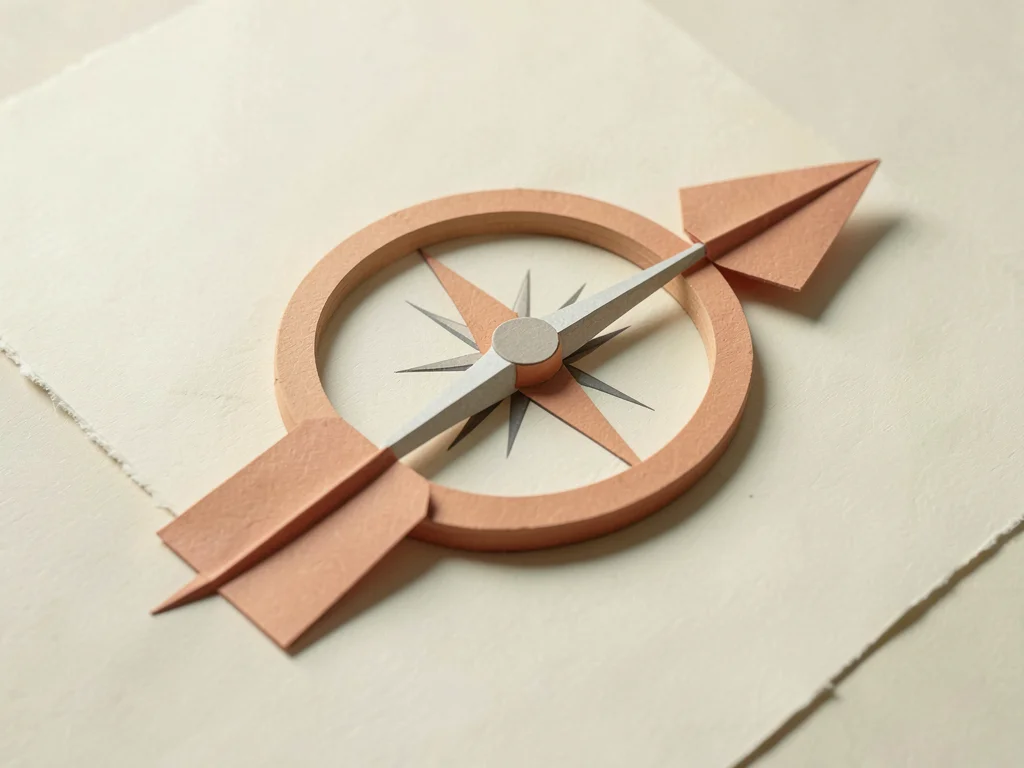 An oversized matte paper compass shows one folded terracotta arrow pointing acro