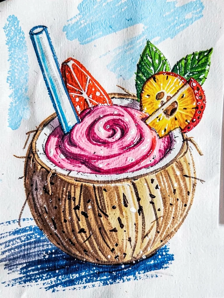 Tropical smoothie in coconut shell