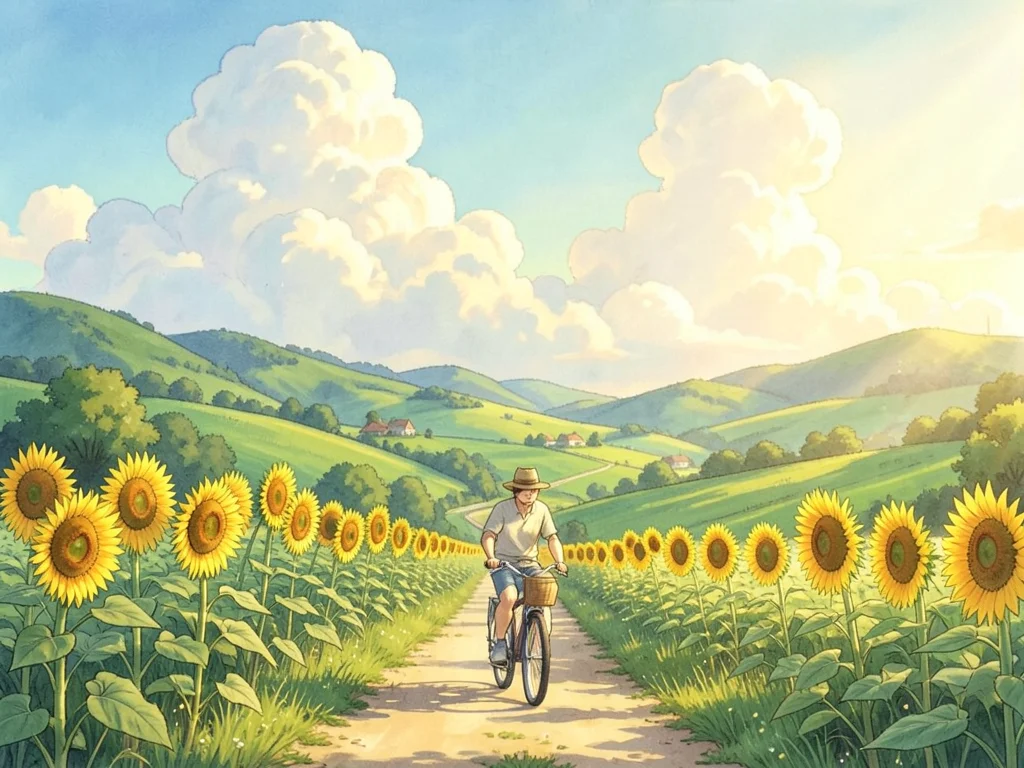Person riding a bicycle down a country lane lined with sunflowers, gentle breeze