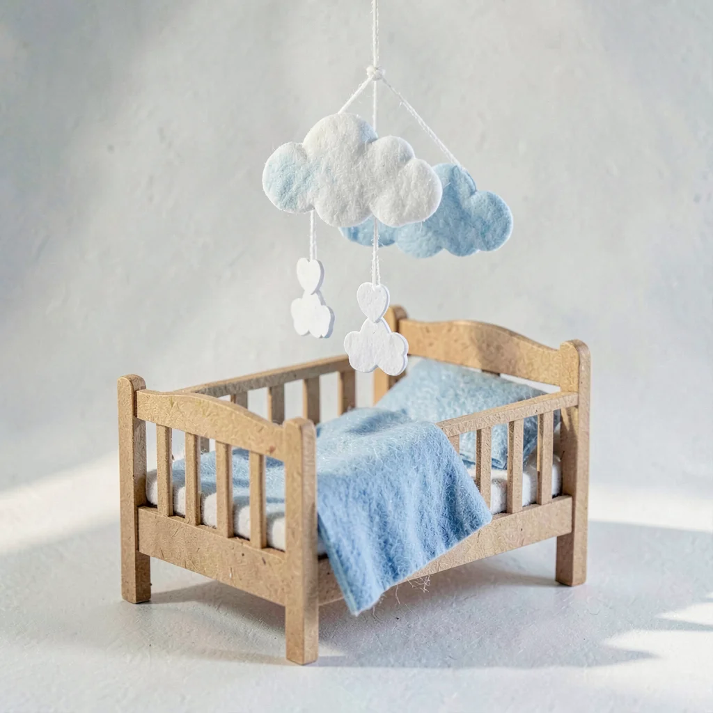 Papercraft scene of a tiny cardstock crib with a felt blanket and a layered pape
