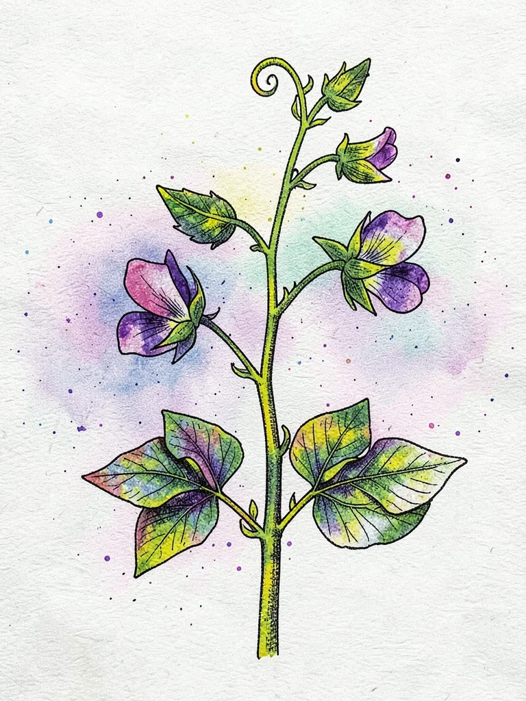 A botanical study of a sweet pea vine — tendrils, pods, and flowers on a single 