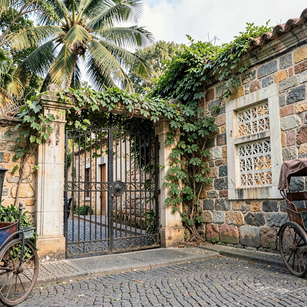 Vigan colonial heritage, Spanish-Filipino fusion, wrought iron gate with tropica