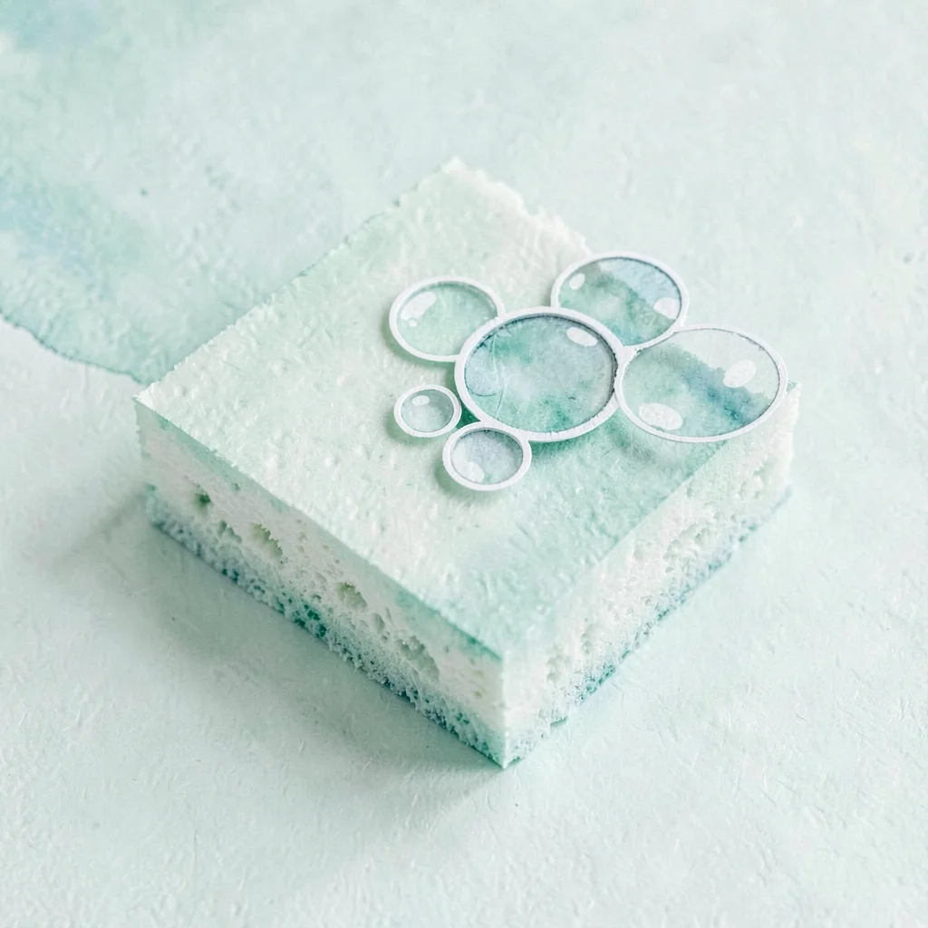Papercraft icon of a folded paper sponge with cut-paper bubble cluster, pale min