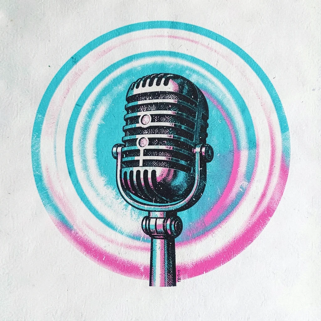 Risograph poster composition of a stylized microphone with soundwave halo, cyan 