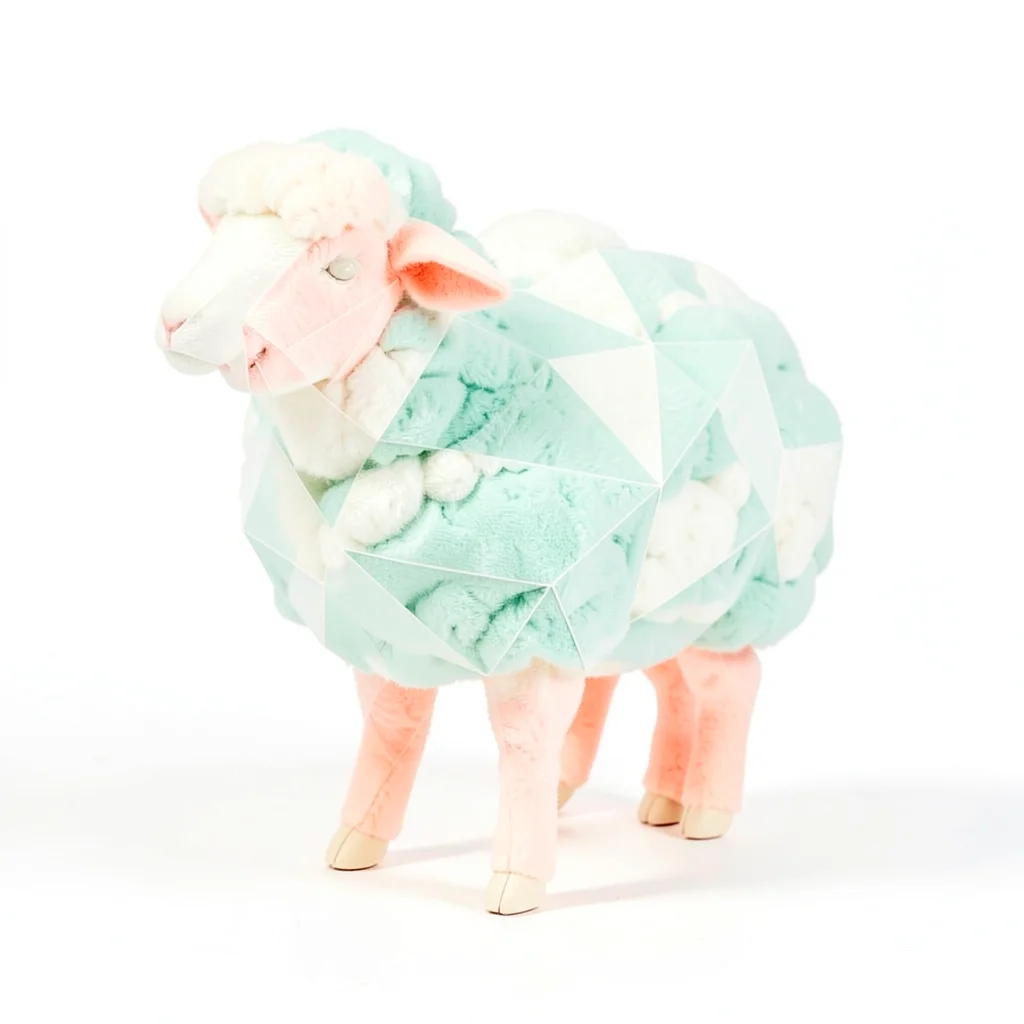 Woolly cream lowpoly sheep with a triangulated mint cloud body and peach legs, o