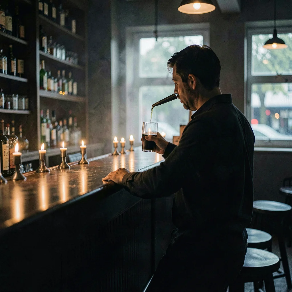 Atmospheric long bar with a single bartender silhouetted, candles lining the rai