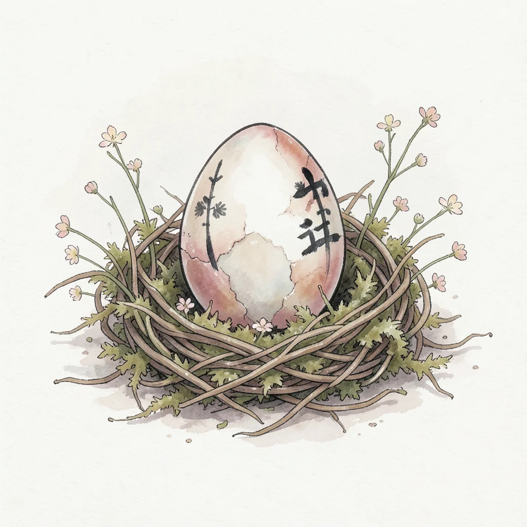 A single decorated egg resting in a nest of dried moss and tiny spring flowers, 