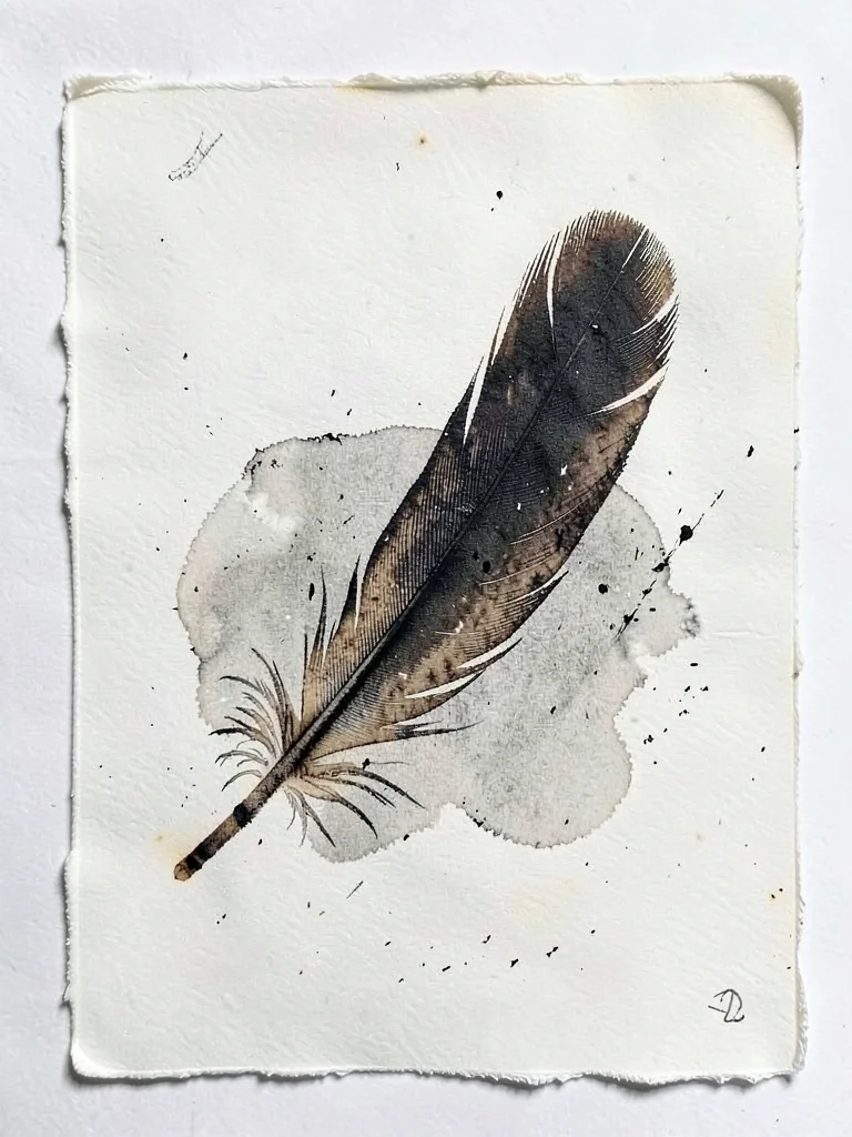 Monoprint of turkey feather, ink transfer creating delicate barb detail