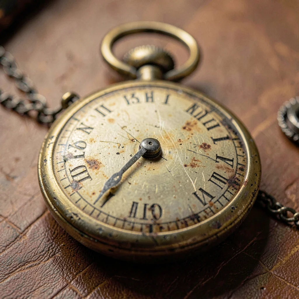 mineral-style macro of an old pocket watch with worn engraving