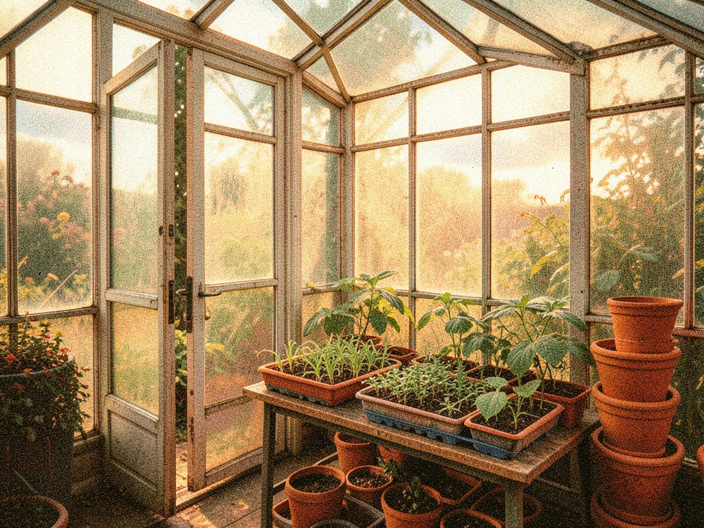 An old greenhouse with its door propped open, trays of seedlings on a potting be