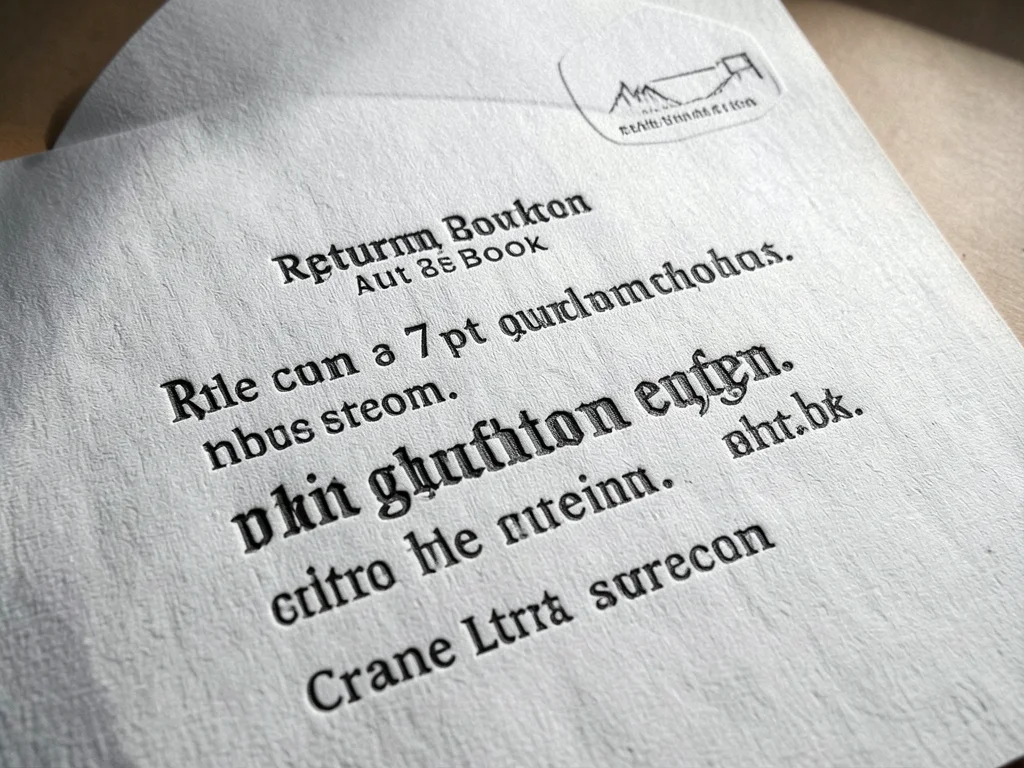 An envelope flap detail showing a return address in 7pt Gotham Book, the letterp