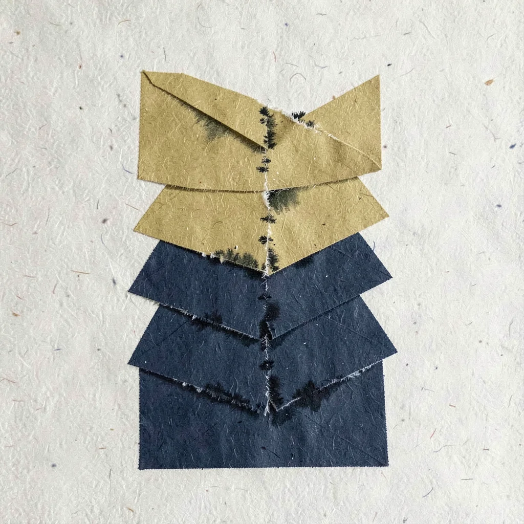 Vertical riso ad of a stacked tower of envelope shapes overlapping in mustard an