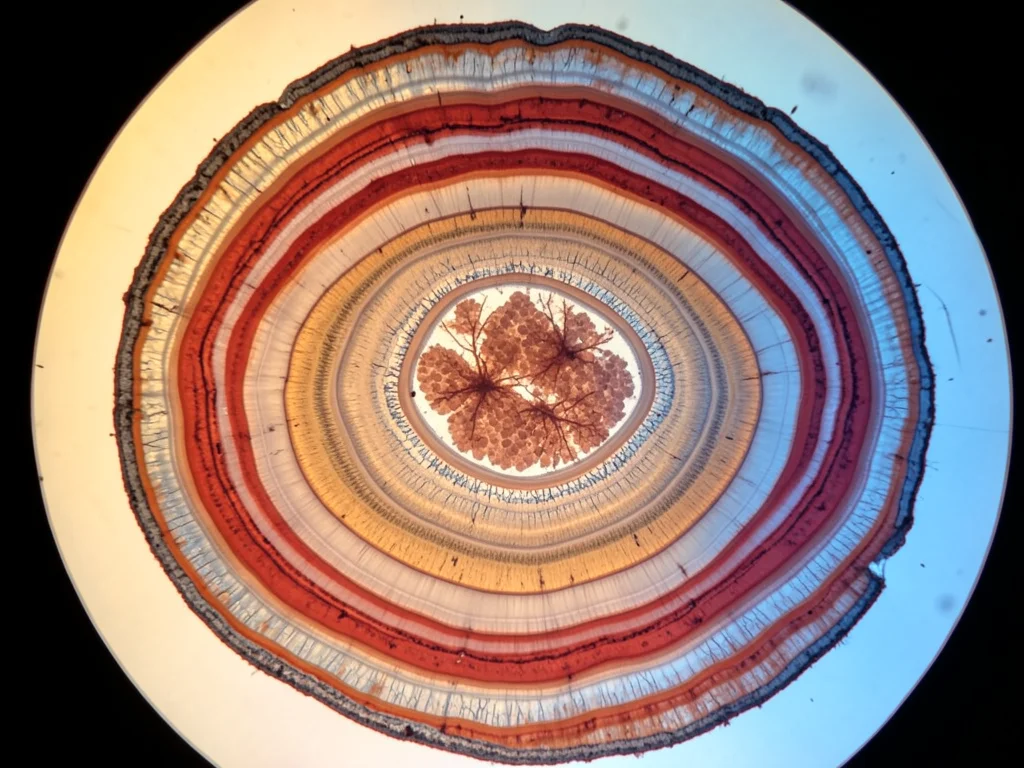 Banded iron formation thin section, alternating red jasper and silver hematite l