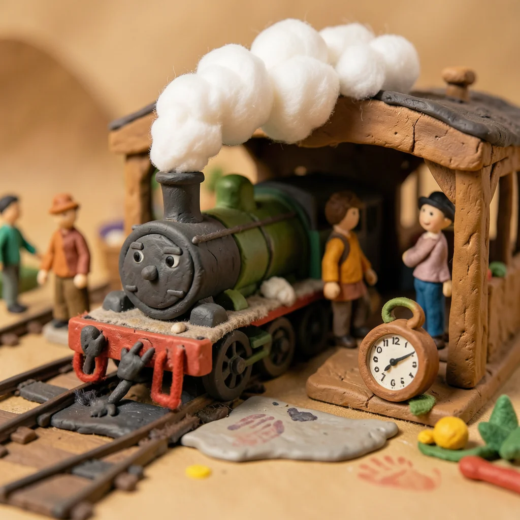 A clay train station: a steam engine with cotton-ball smoke, clay passengers on 