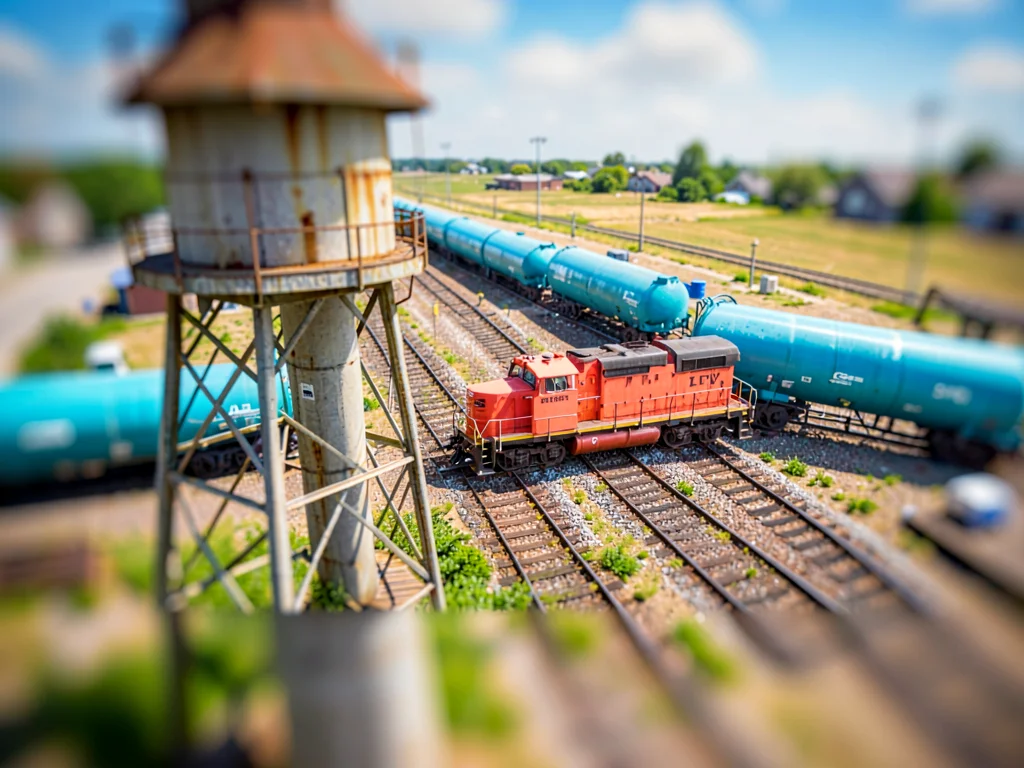 Rail-yard tilt-shift photograph from an old water tower, saturated coral switchi