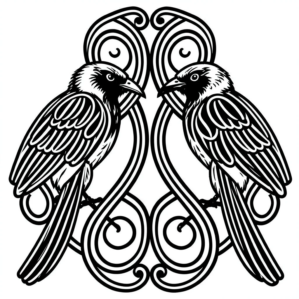 Two ravens facing center — symmetrical mirror composition, ovoids interlocking