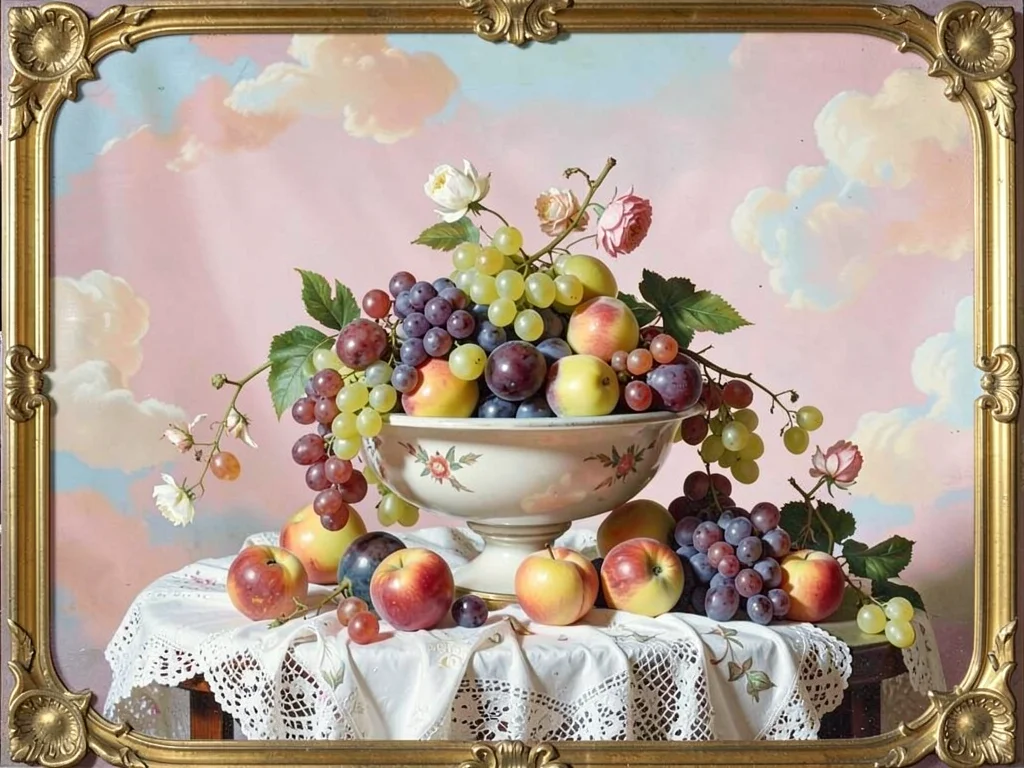Overflowing fruit bowl — grapes, figs, and peaches tumbling onto a lace cloth, s