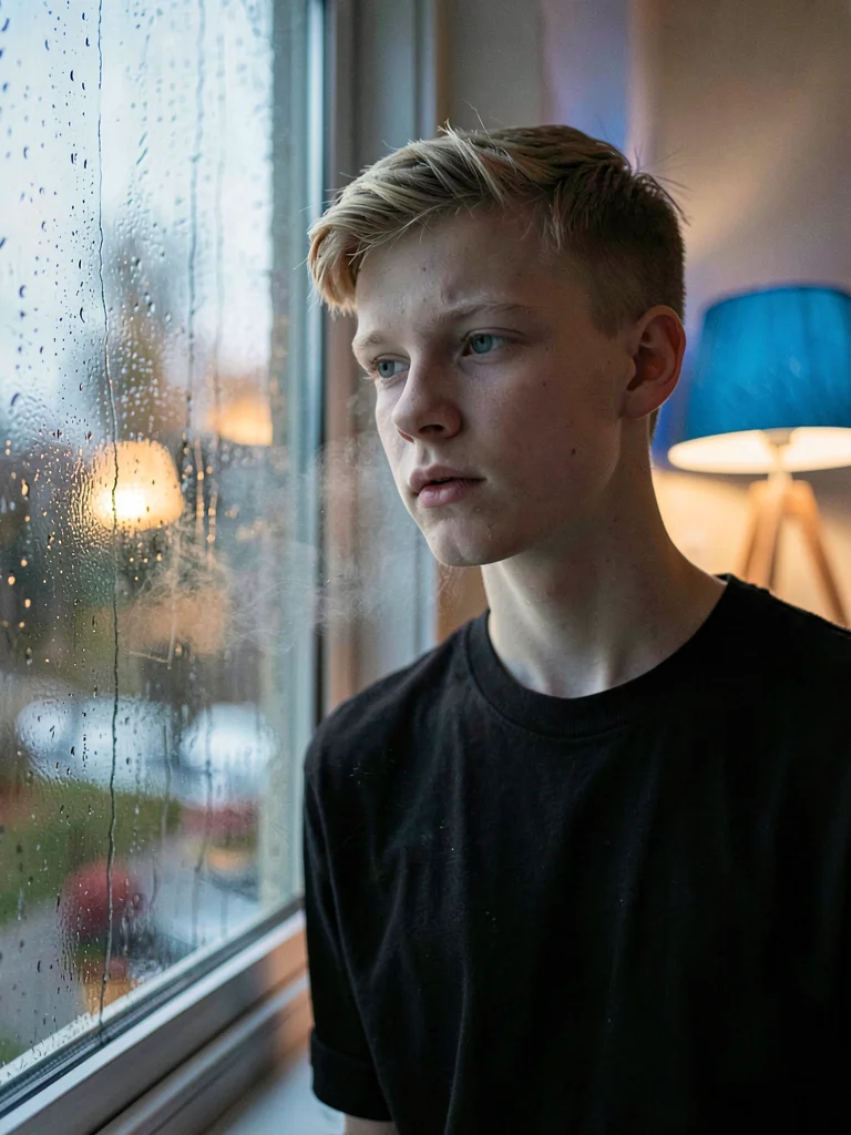 Teenage white boy leaning against a rain-streaked window, breath fogging the gla
