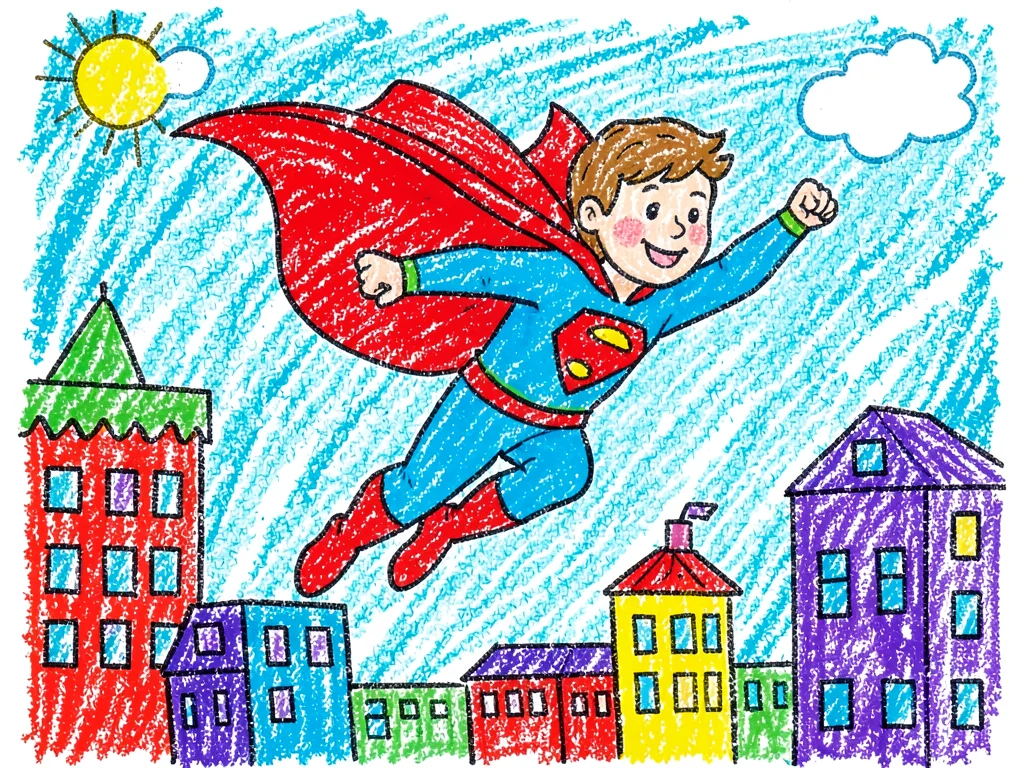 Superhero flying through city