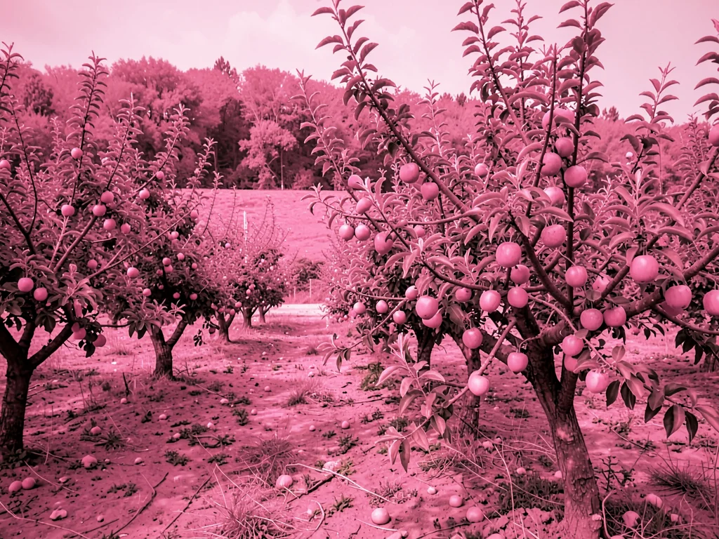 Orchard with infrared fruit tree bloom