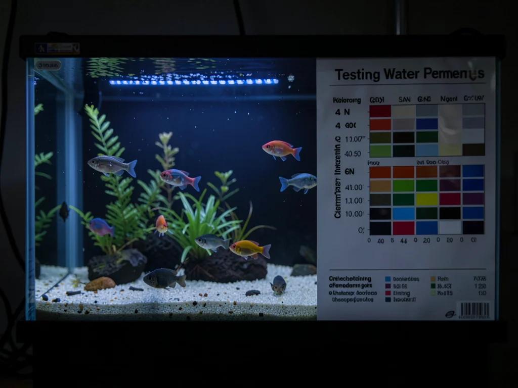 Testing water parameters, strips dipped, comparing colors to chart, the chemistr