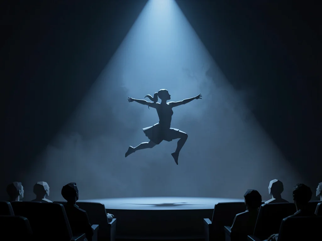 Ballerina silhouette mid-leap on an empty stage, backlit by a single cold blue s