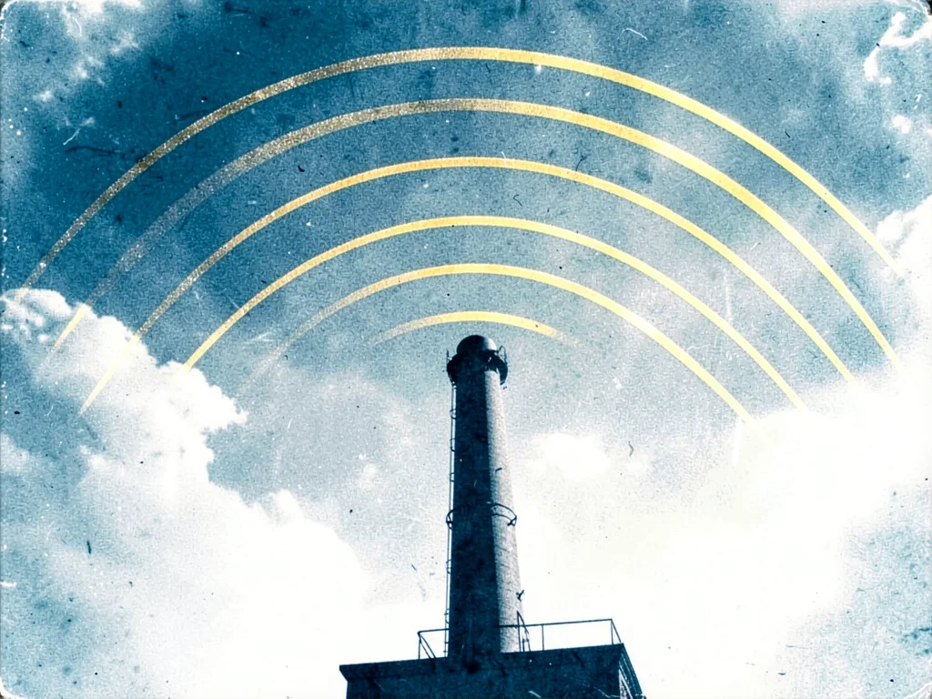 An industrial chimney with six months of parallel gold sun-arc bands crossing ab