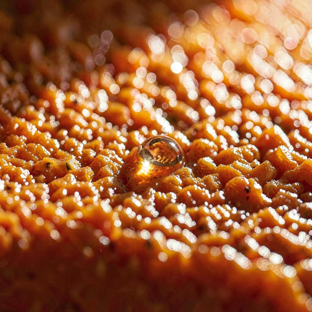 Tight texture study of orange peel pebble texture with a small drop of juice, ra