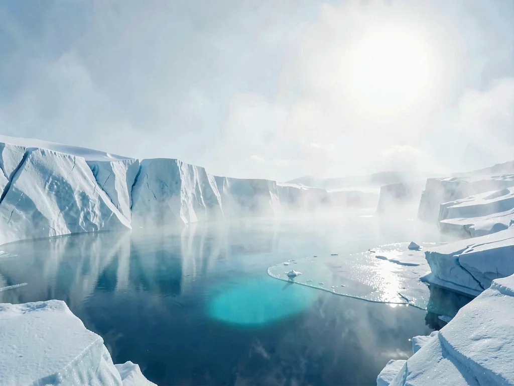 Fog hangs low over a meltwater lake, only the deepest cyan centre visible throug