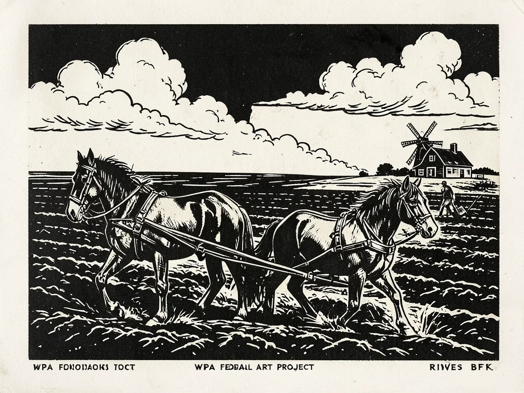 Two horses pulling a plow through dark soil, the farmer walking behind, a farmho