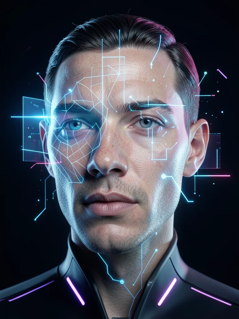 Face transitioning from polygon mesh wireframe to photorealistic skin, mid-proce